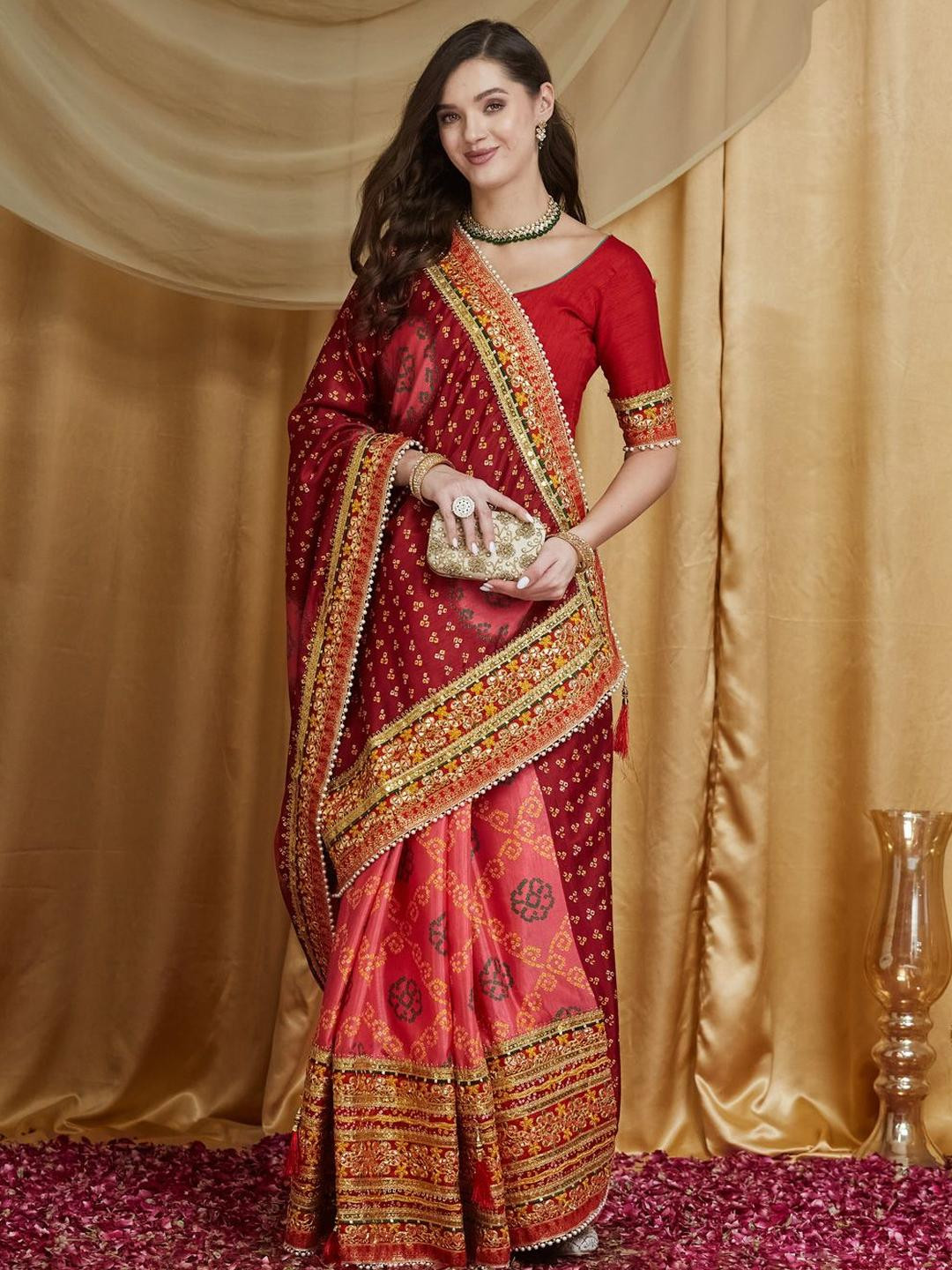 RAJGRANTH Beads and Stones Dola Silk Bandhani Saree with Banglori Silk Blouse