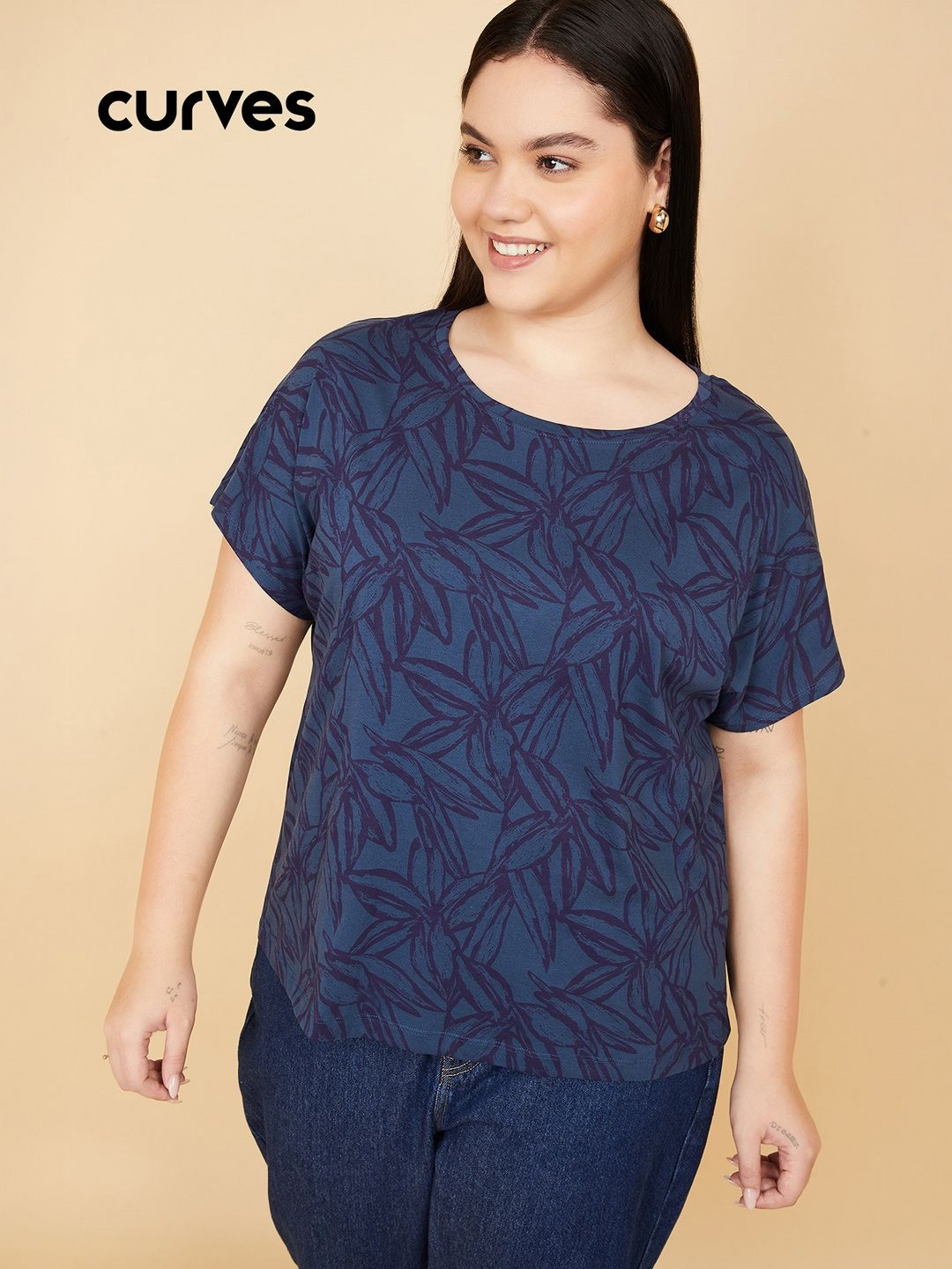 max Floral Printed Round Neck Dolman Sleeves Pure Cotton Regular Fit T-shirt