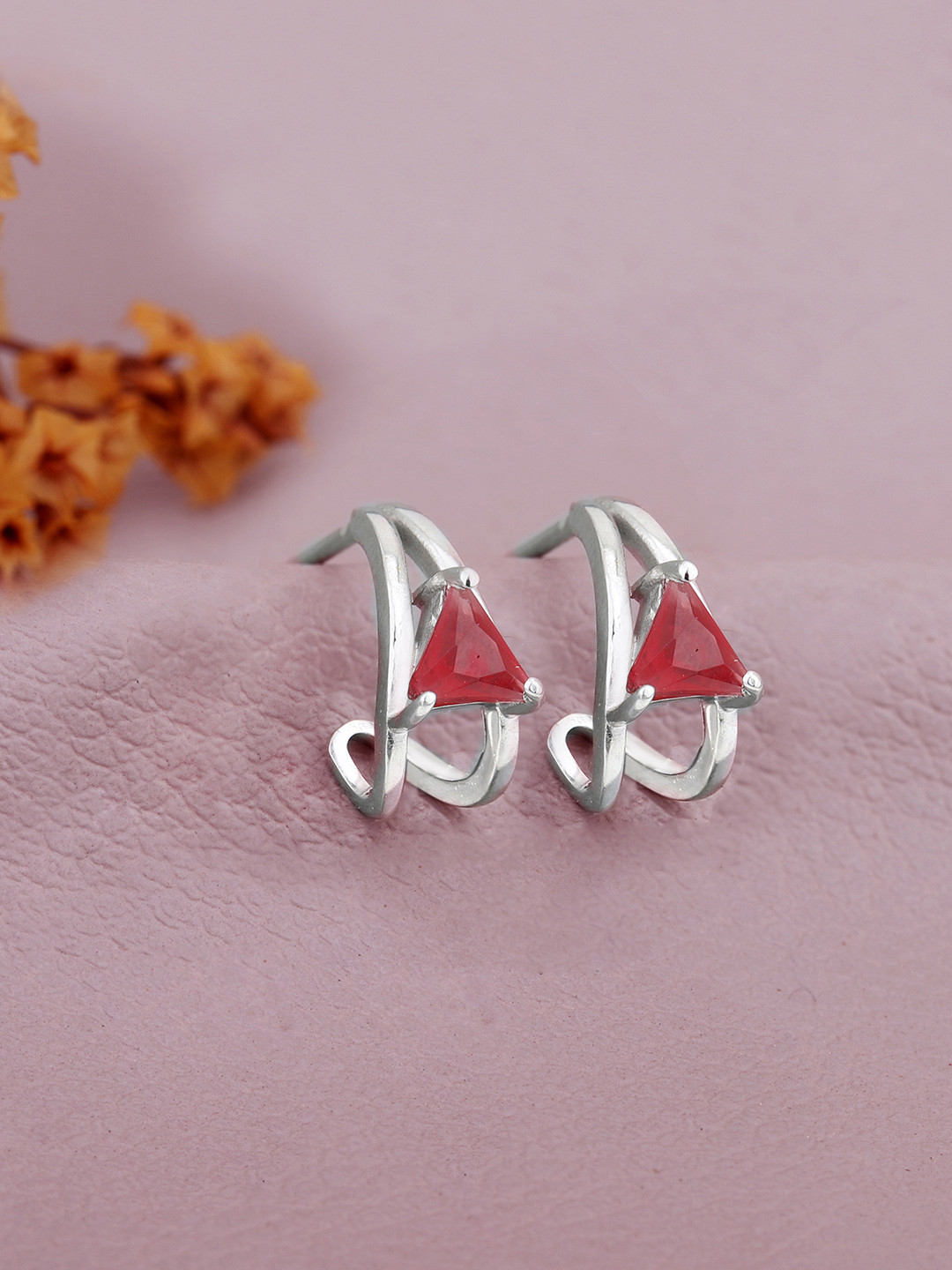 Carlton London Rhodium Plated CZ Ruby Half Hoop Earring