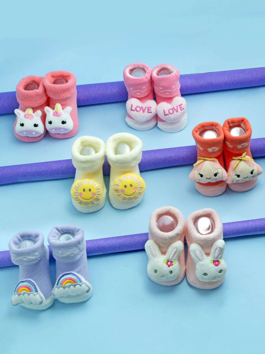 Yellow Bee Infant Girls Pack Of 6 Applique Patterned Cotton Ankle-Length Socks