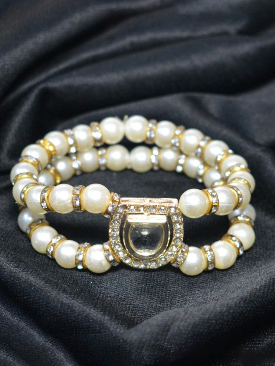 Dream Royal Sterling Silver-Plated Artificial Stones Studded & Beaded Wraparound Bracelet