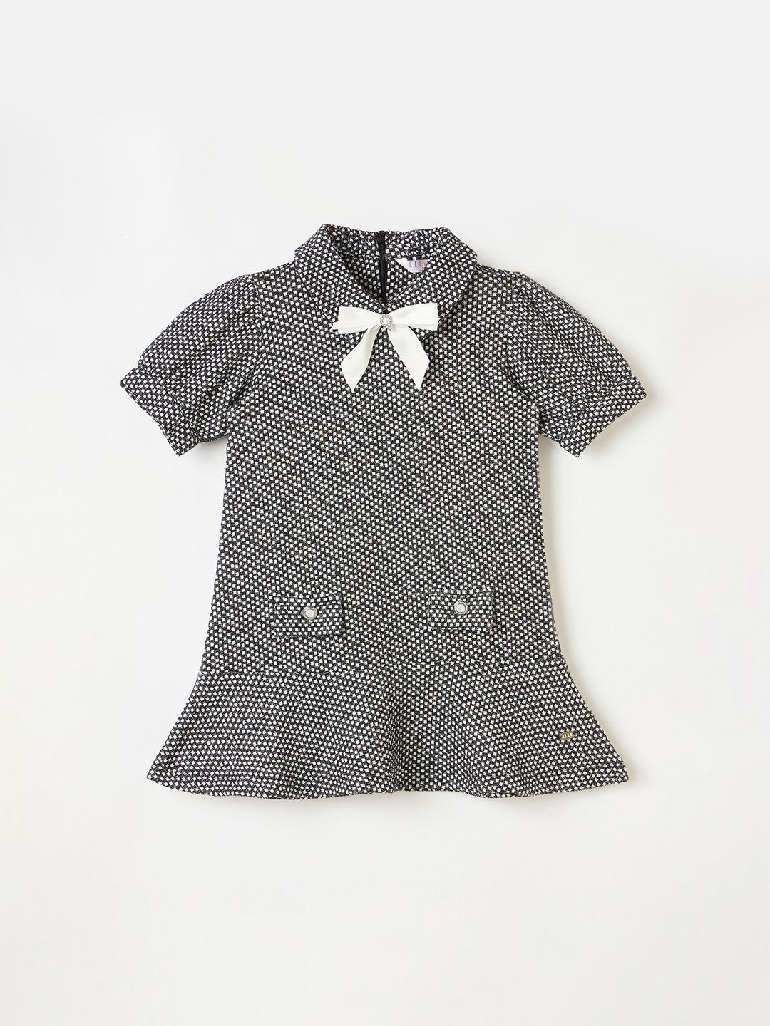 ELLE Girls Textured Shirt Collar Short Sleeve Stretchable Cotton Drop-Waist Mini Dress