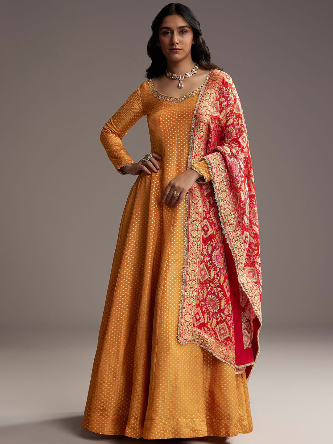 KALKI Fashion Woven Design Fit And Flare Cotton Ethnic Dresses With Dupatta