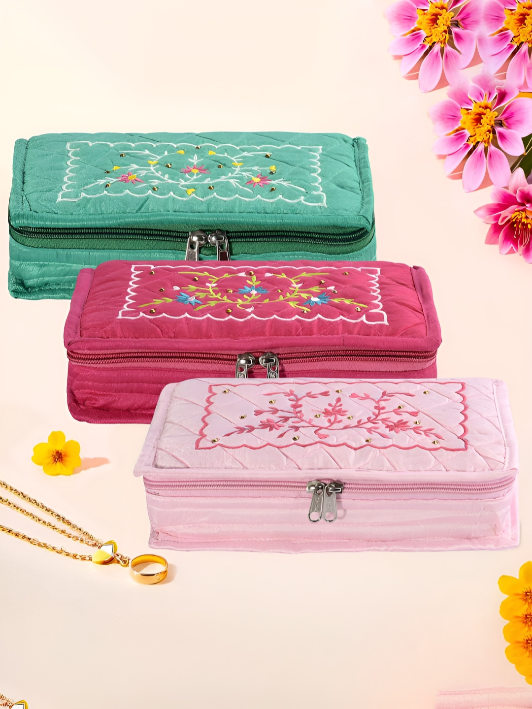 RUBOXA Pink & Green 3 Pieces Embroidery 7 Pouch Jewellery Organisers