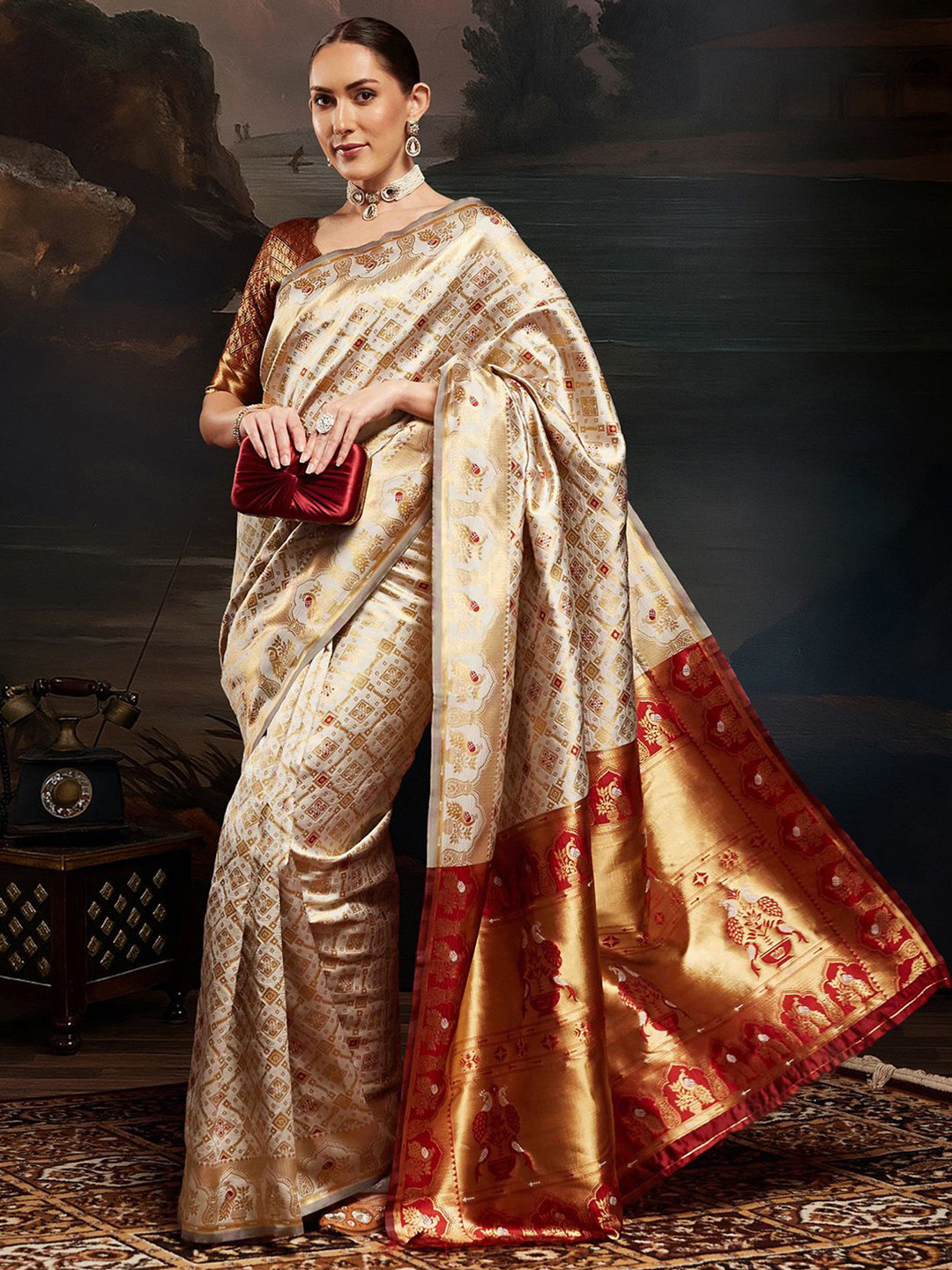 House of Pataudi Ethnic Motifs Woven Design Zari Kanjeevaram Litchi Silk Saree & Blouse
