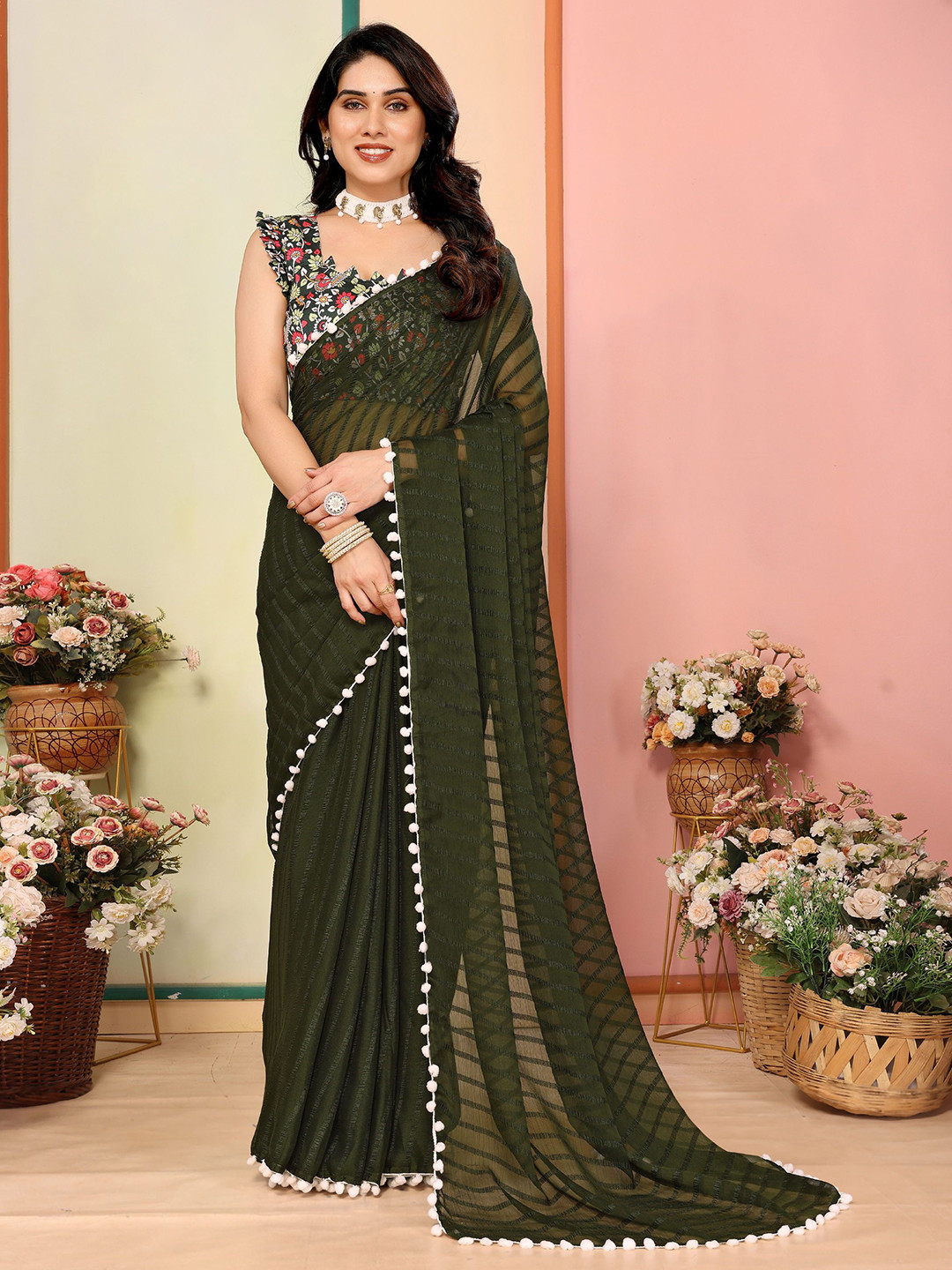Mitera Pom Pom Border Embellished Saree With Printed Blouse