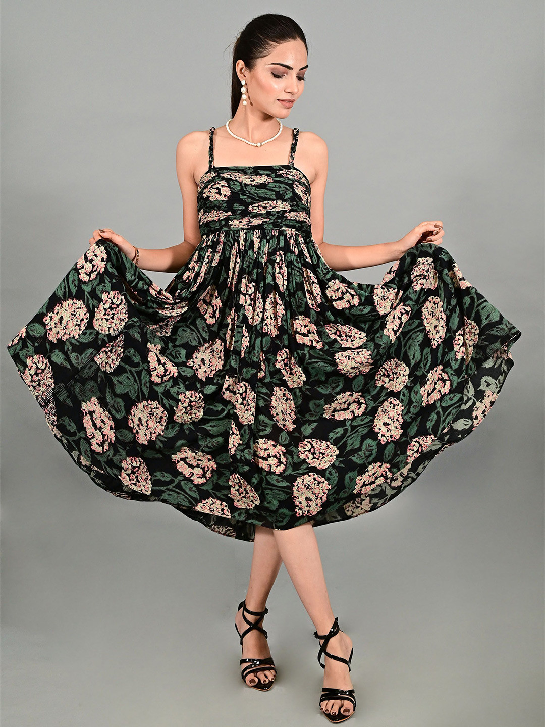 THE BEHRUZ THEORY Women Floral Printed Pleated Detail Fit and Flare Midi Dress