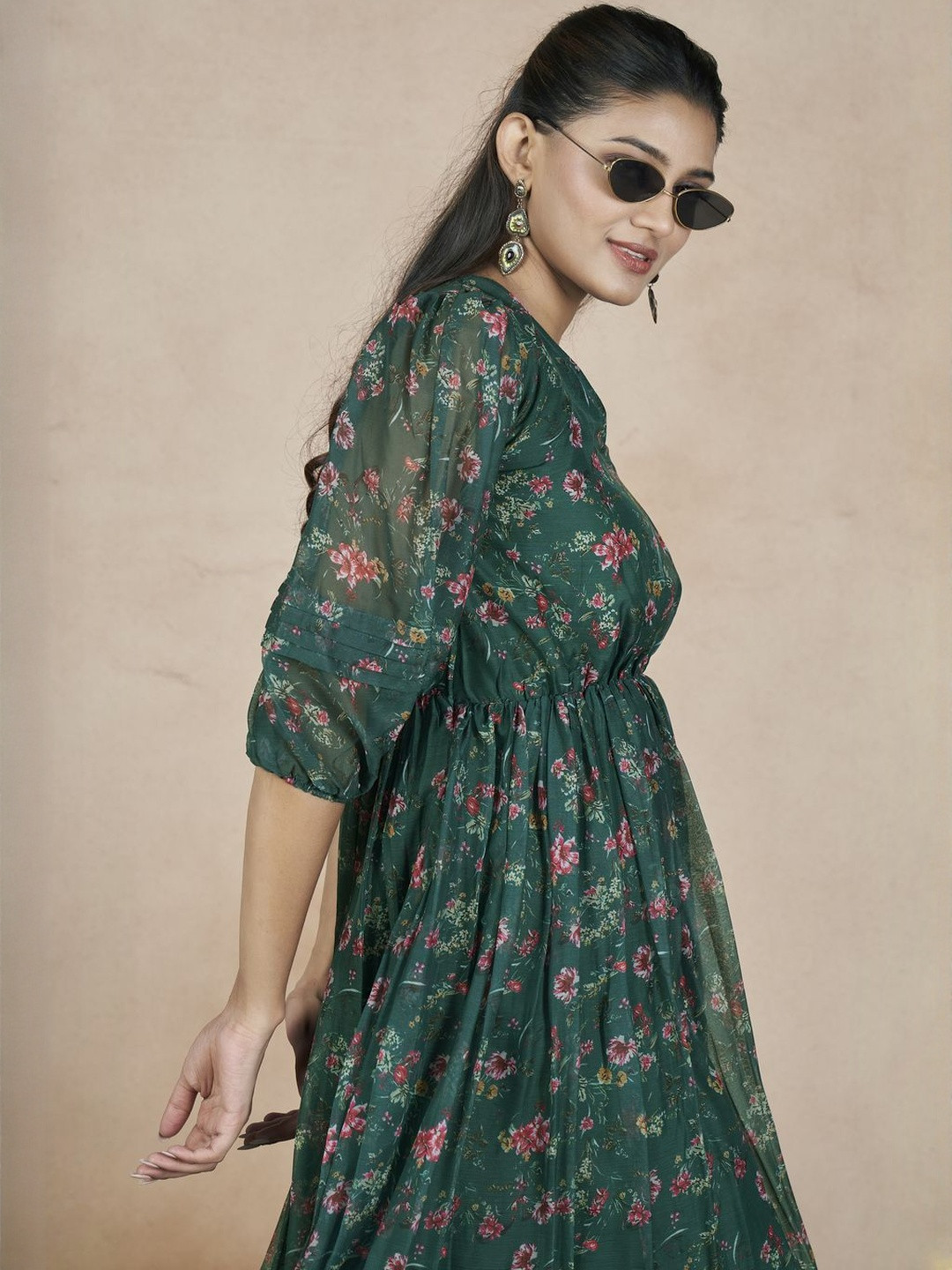 indian rani Floral Printed Puff Sleeves Chiffon Fit & Flare Maxi Dress