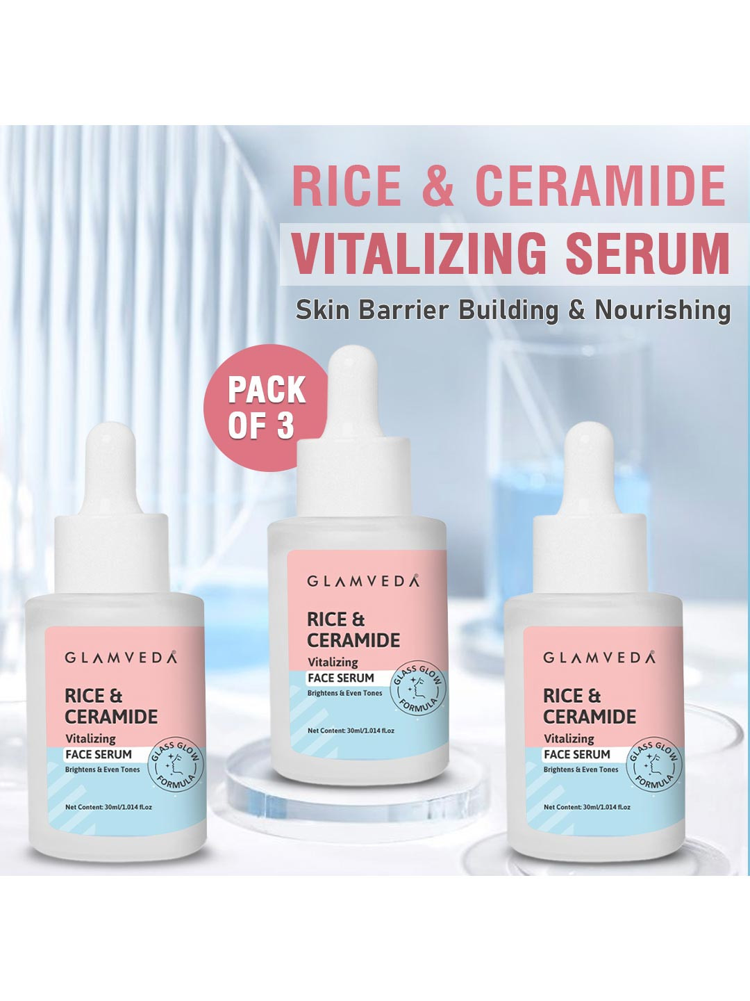 GLAMVEDA Glass Skin Set Of 3 Korean Rice Water & Ceramide Vitalizing Serum - 30ml Each