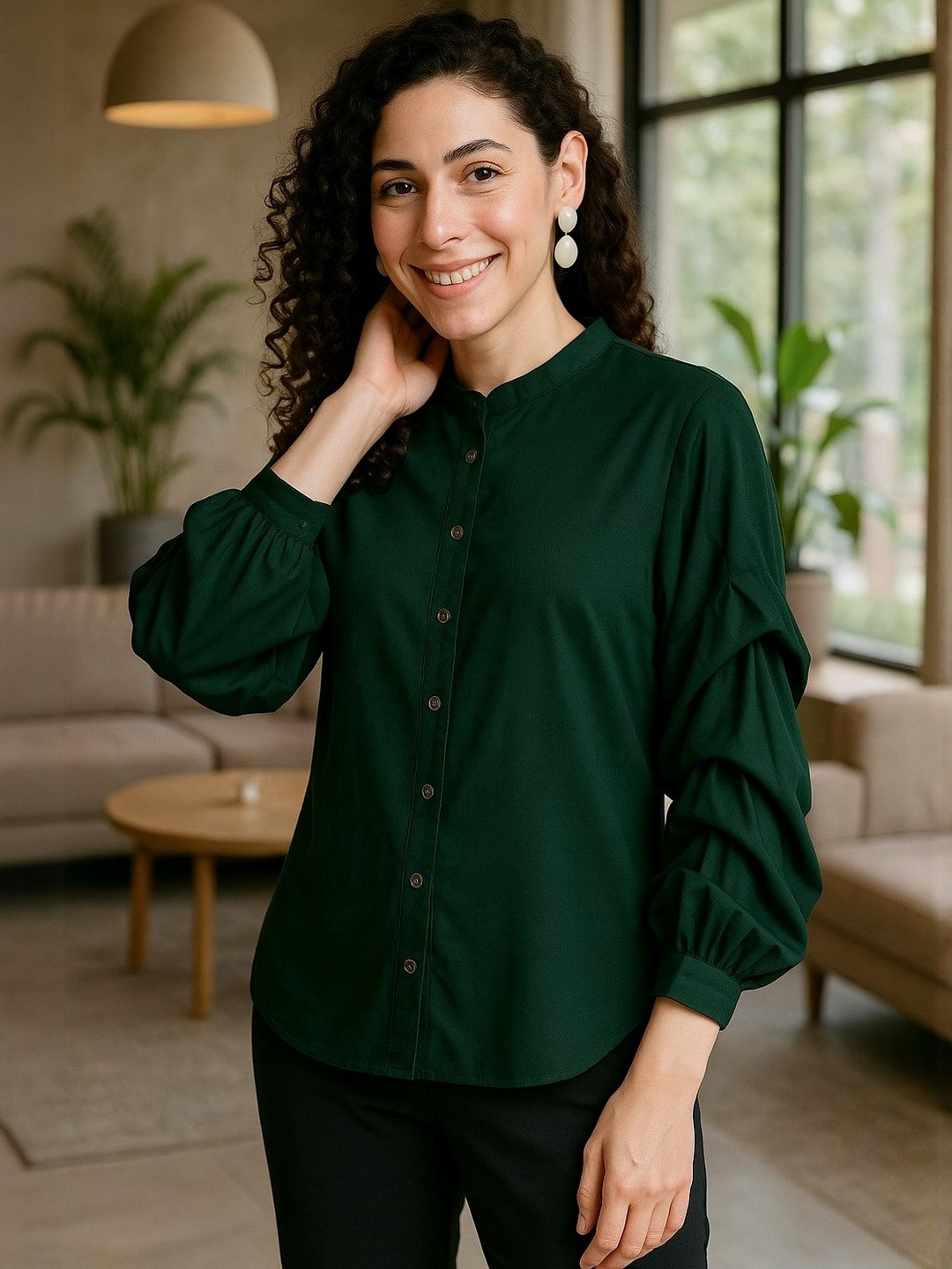 DressBerry Women Green Mandarin Collar Long Sleeve Viscose Rayon Semiformal Shirt