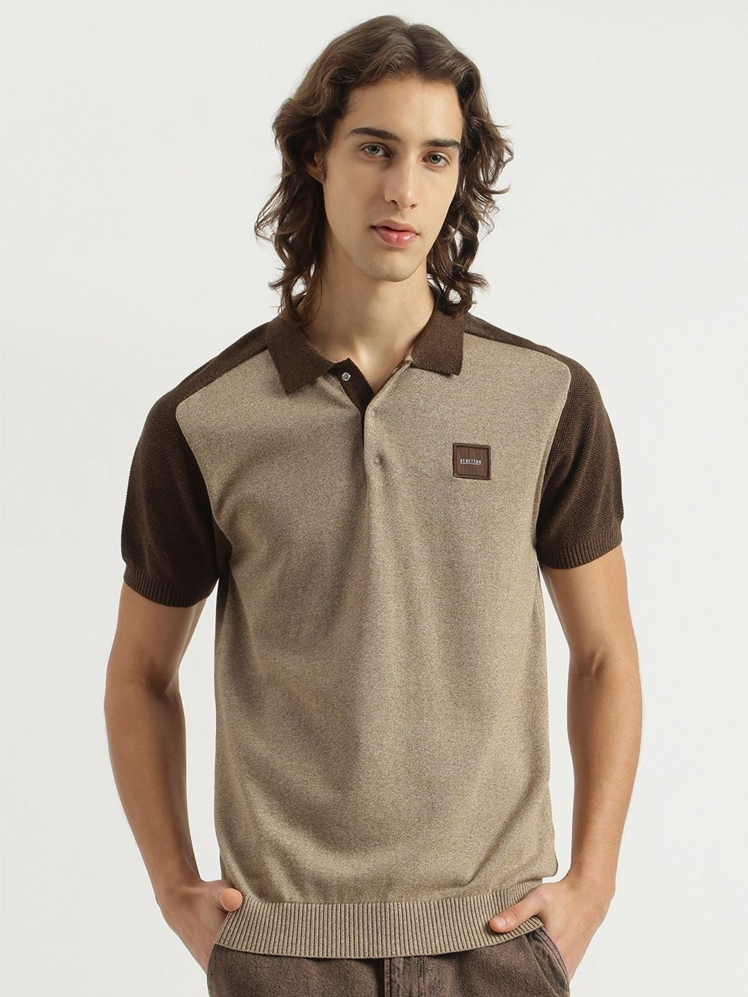 United Colors of Benetton Men Brand Logo Colourblocked Polo Collar Pure Cotton T-shirt