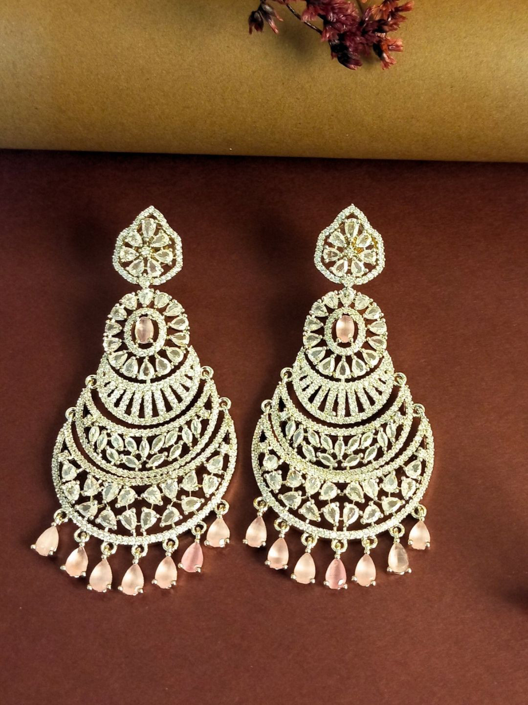 IKSAVA Silver Plated American Diamond Studded Crescent Shaped Chandbalis