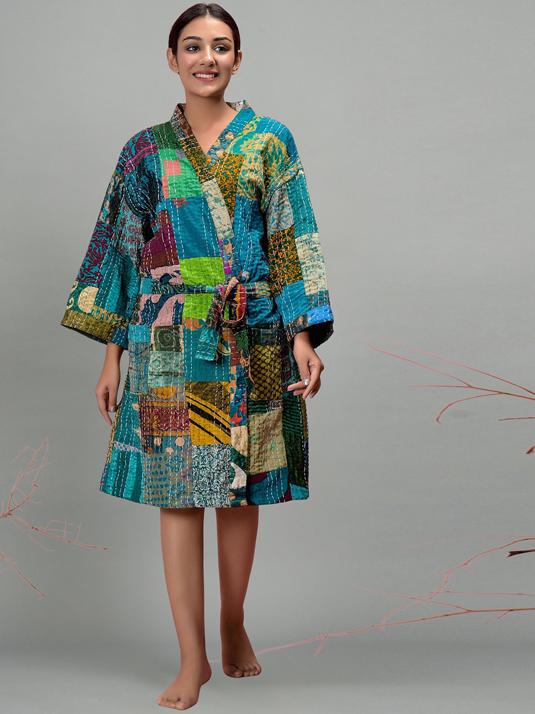 HANDICRAFT PALACE Women Kantha Patchwork Quilted Bath Robe
