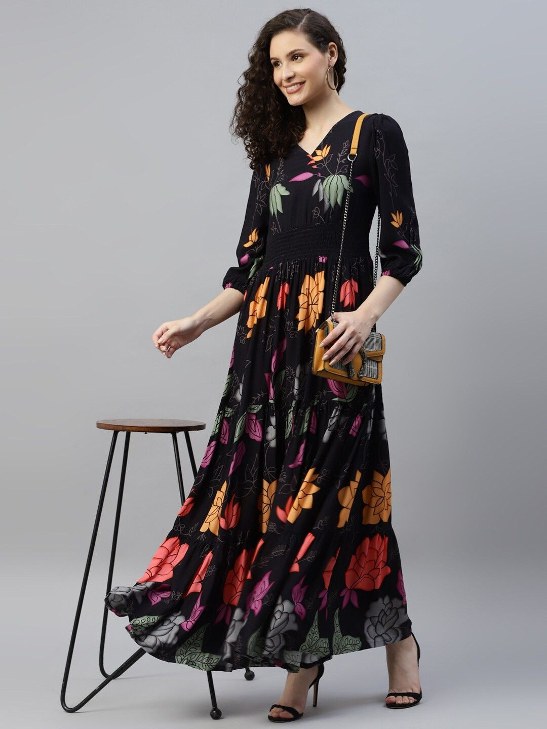 Raiyani Fashion Women Floral Printed V-Neck Puff Sleeves Smocked Fit And Fare Dress