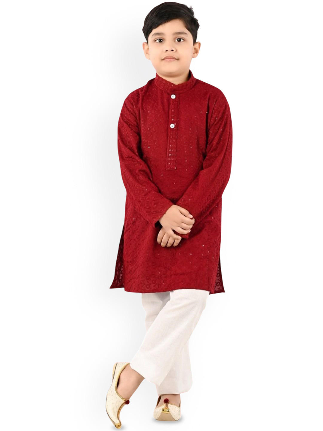 NEW GEN Boys Woven Design Mandarin Collar Sequined Straight Kurta With Pyjamas