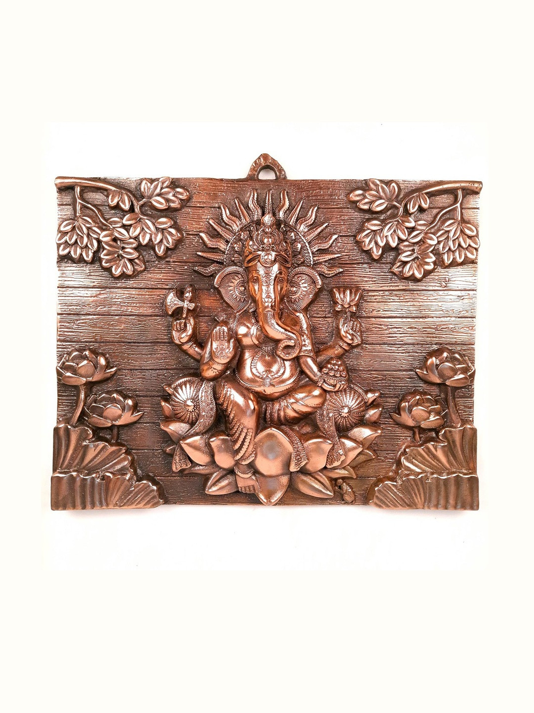 apka mart Bronze Metal Lord Ganesha Sitting on Lotus Wall Statue Decor