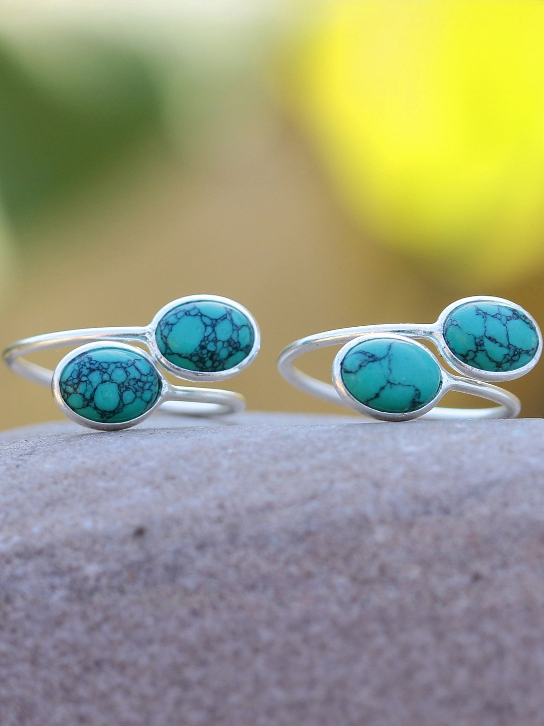 FUSIONARI Women 2 Pieces 925 Sterling Silver Turquoise Stud Toe Ring