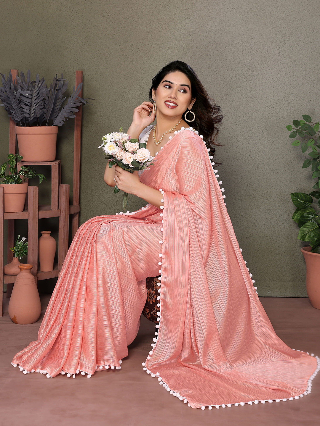Mitera Pom Pom Embellished Border Saree With Embroidery Work Blouse