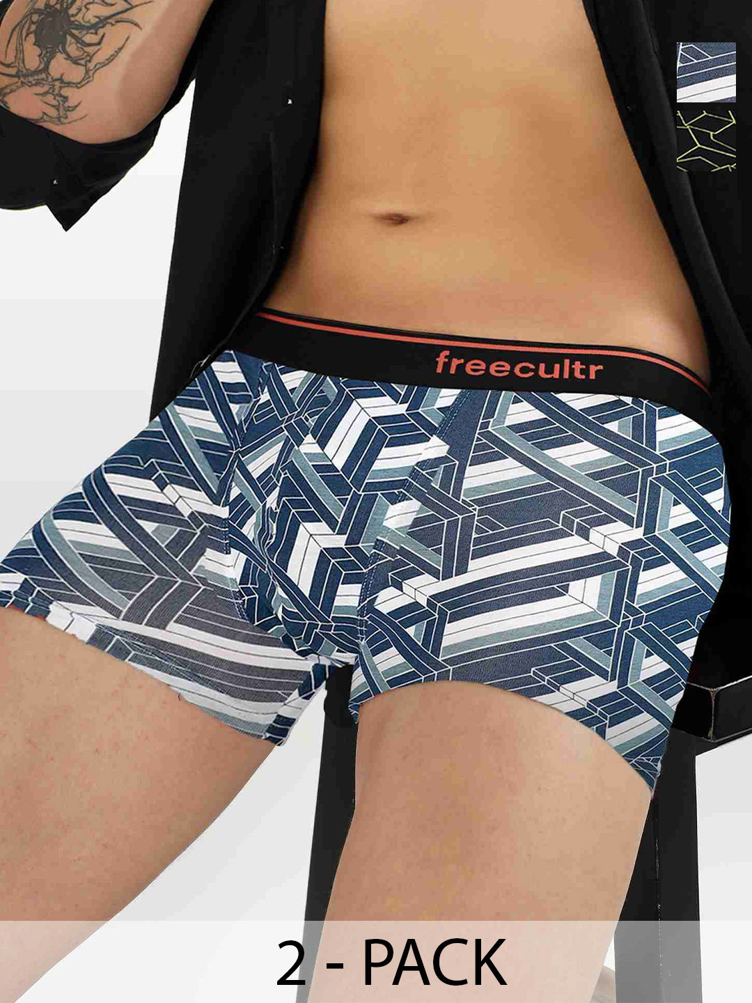 FREECULTR Pack Of 2 Printed Cotton Stretch Long Trunks FC-CTN-PT-T-TL-CBLK-DWHT-02