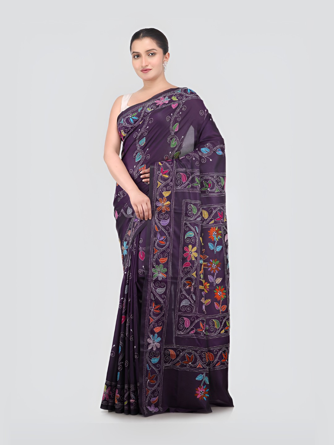 PinkLoom Art Silk Floral Embroidered Kantha Work Handloom Saree