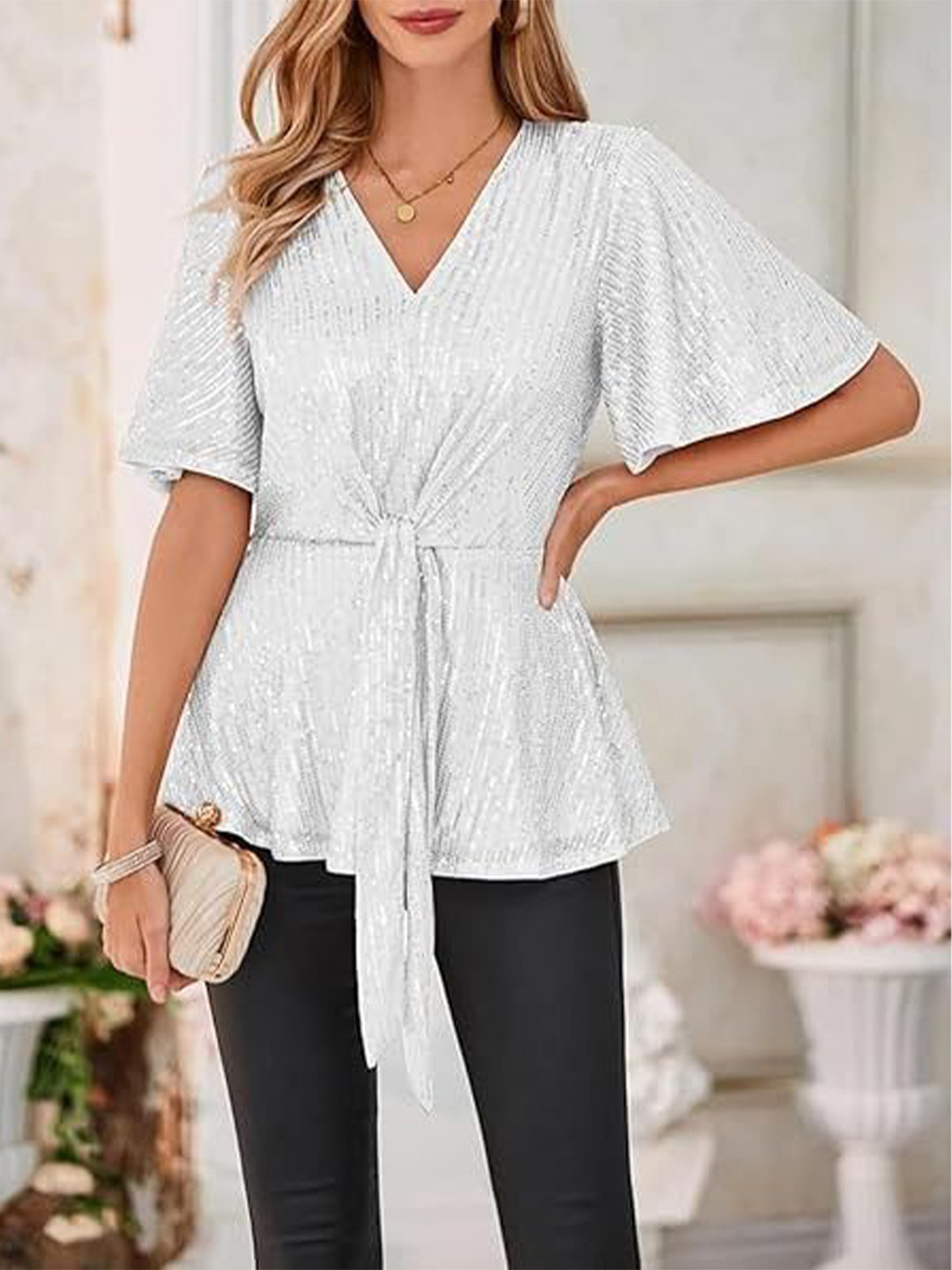 StyleCast White Sequined V-Neck Peplum Longline Top