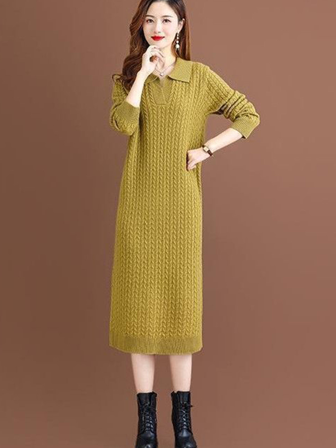 bebe Green Cable Knit Polo Collar Midi Sweater Dress