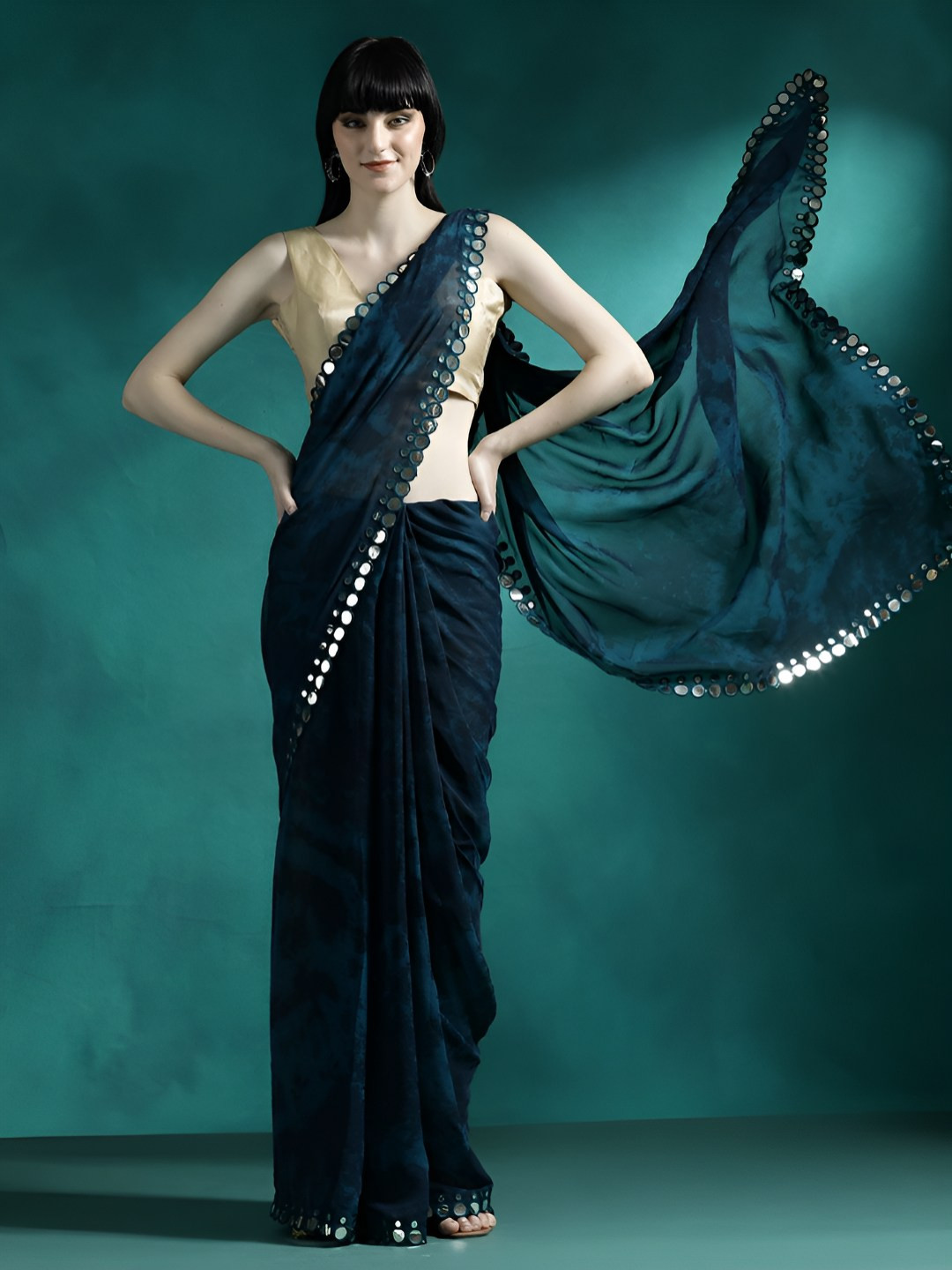 Desi Fusion Tie and Dye Mirror Work Heavy Work Saree