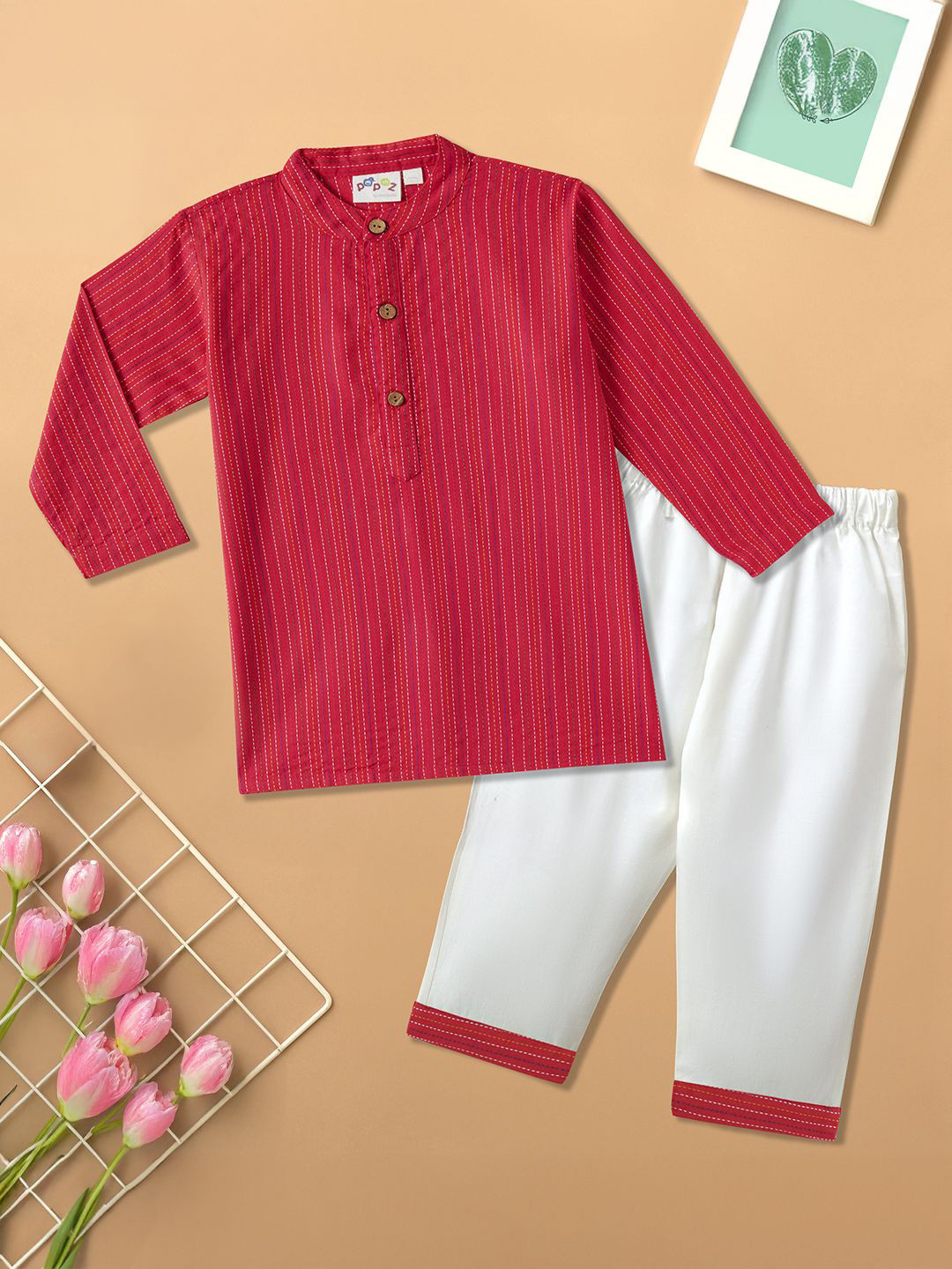 Desi Soota Boys Red Katha Stitched Woven Design Pure Cotton Kurta With Pyjamas