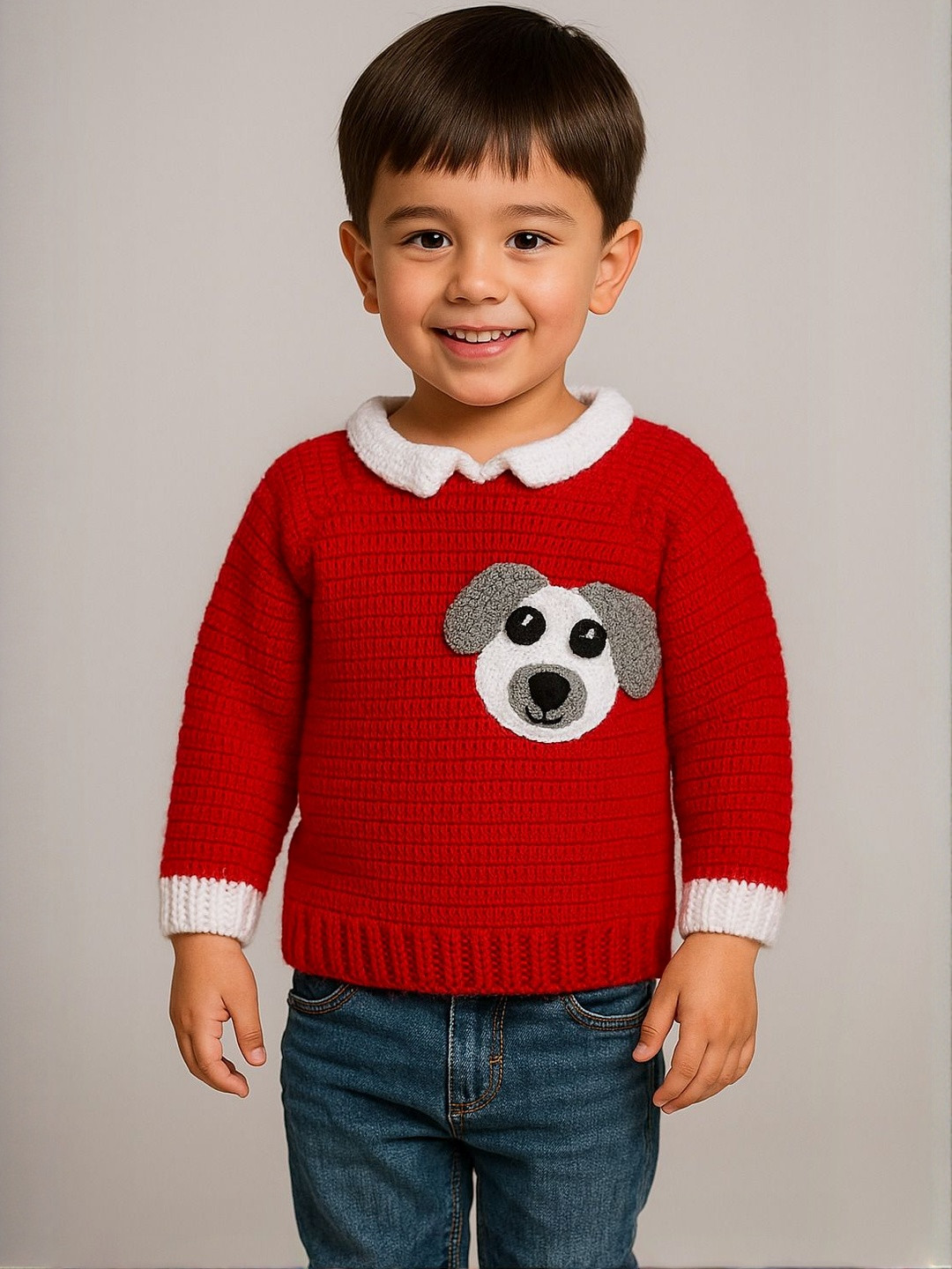 Sabinagarments Kids Red Woollen Crochet Sweater