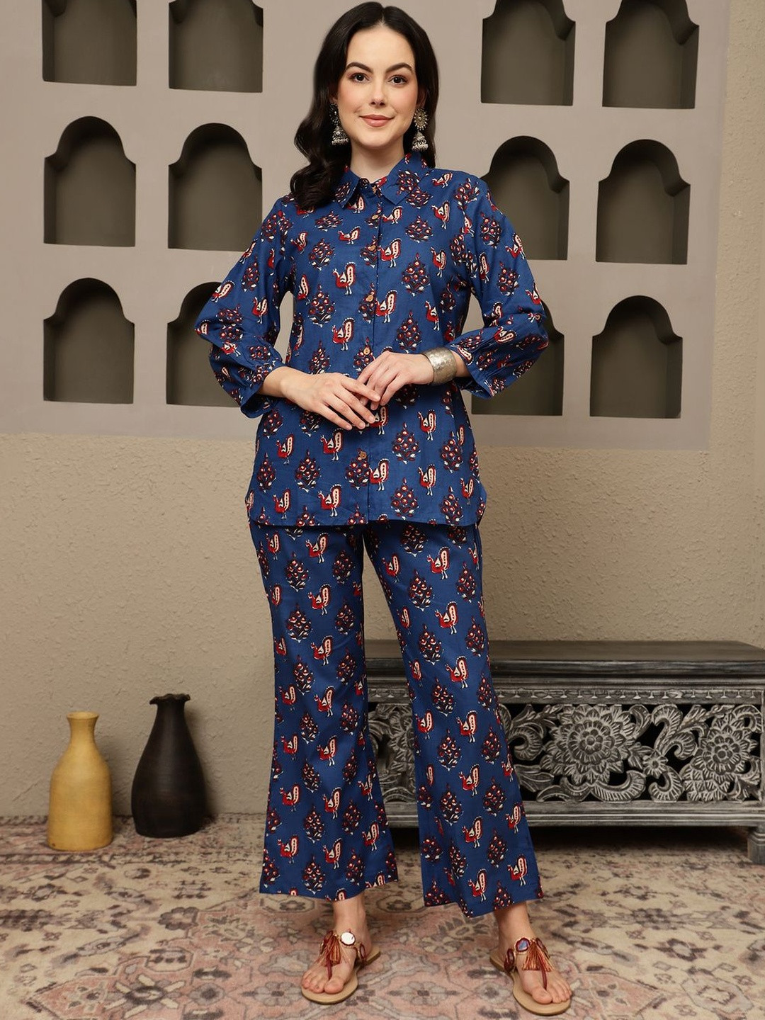 HERE&NOW Women Navy Blue Peacock Printed Co-Ord Set