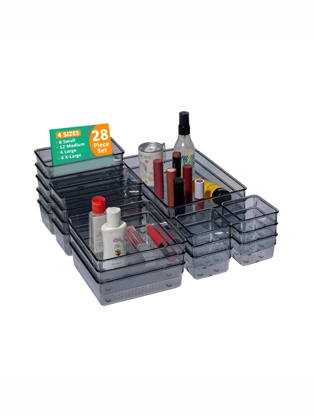 RUBOXA Black & Transparent 28 Pieces Acrylic Drawer Organisers