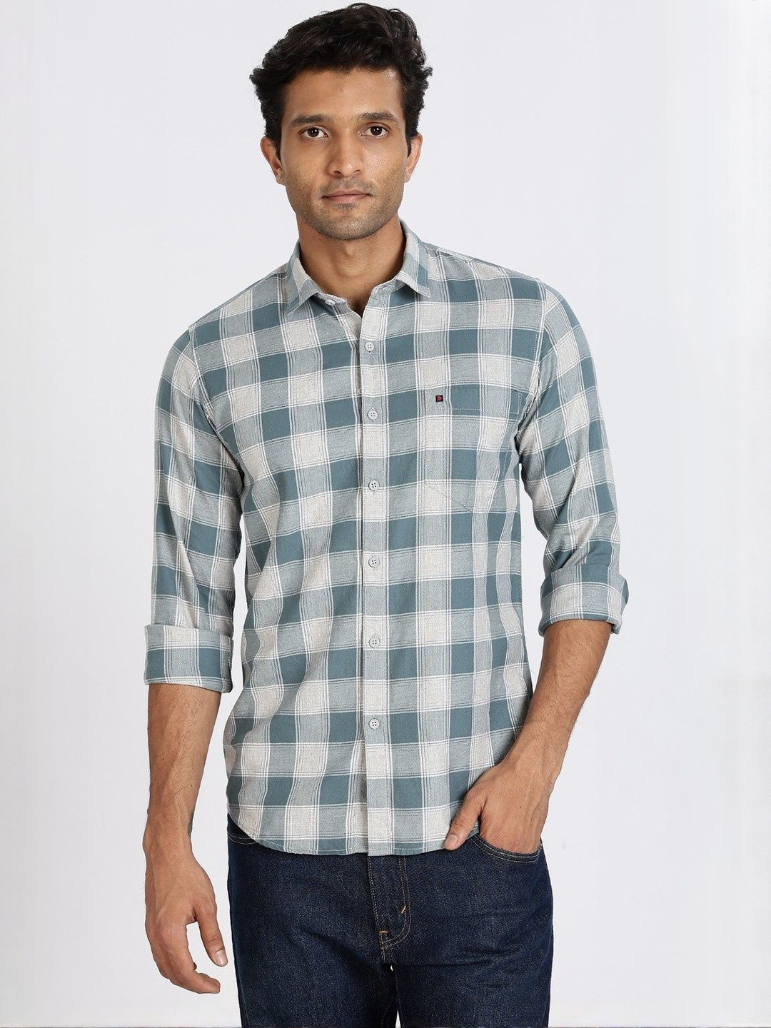 COOL COLORS Men Green Slim Fit Checked Casual Shirt