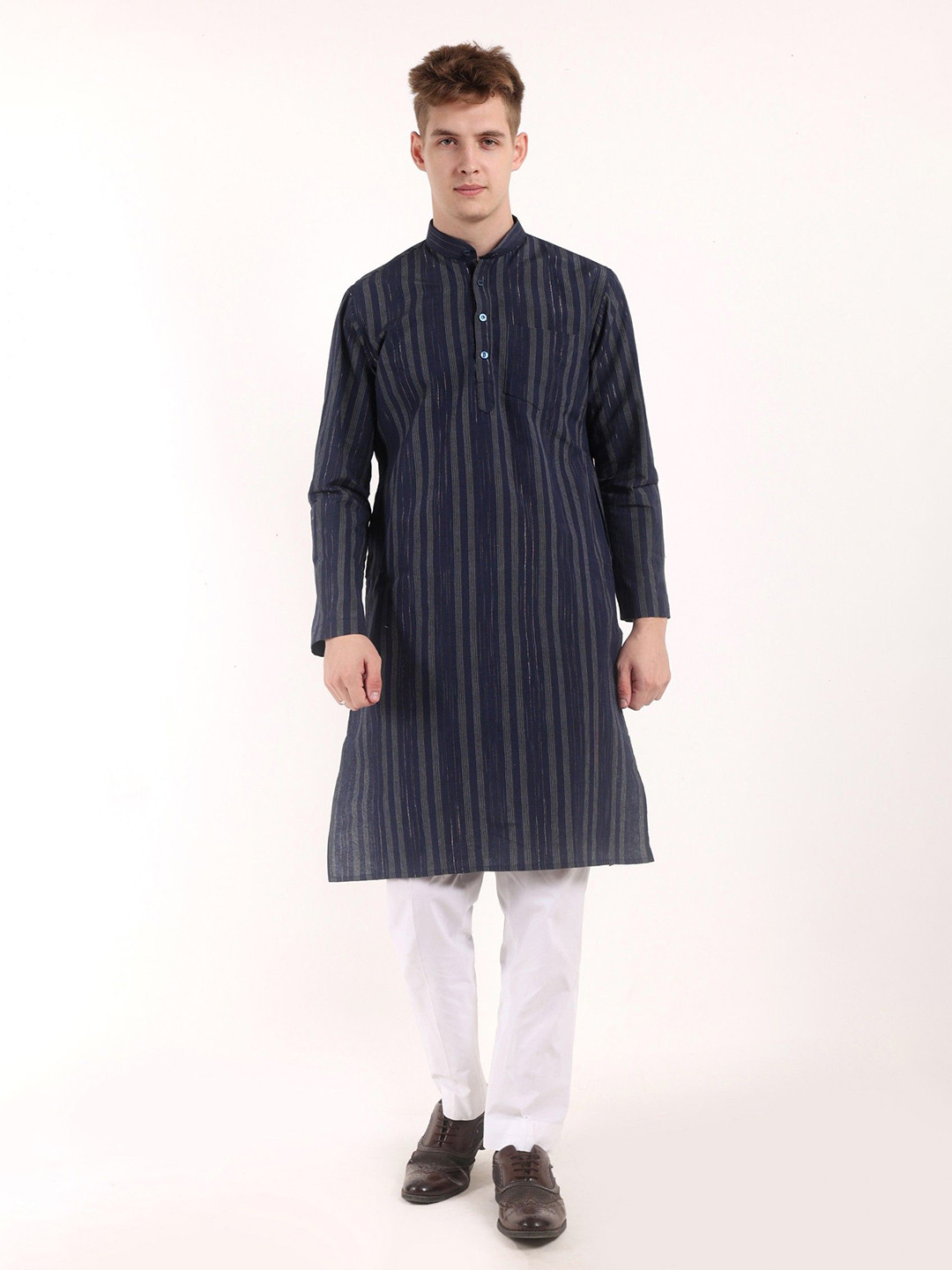 QUMASH FASHION Striped Thread Work Khadi Cotton A-Line Kurta