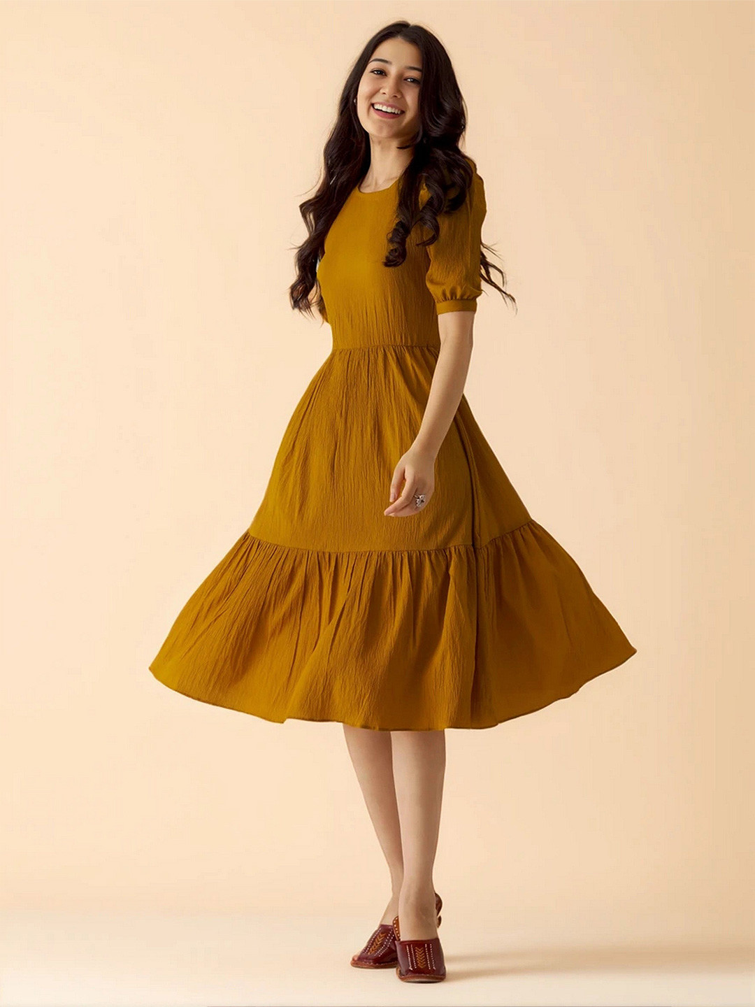 AASK Women Mustard Solid Crepe Fit and Flare Calf Length Dress