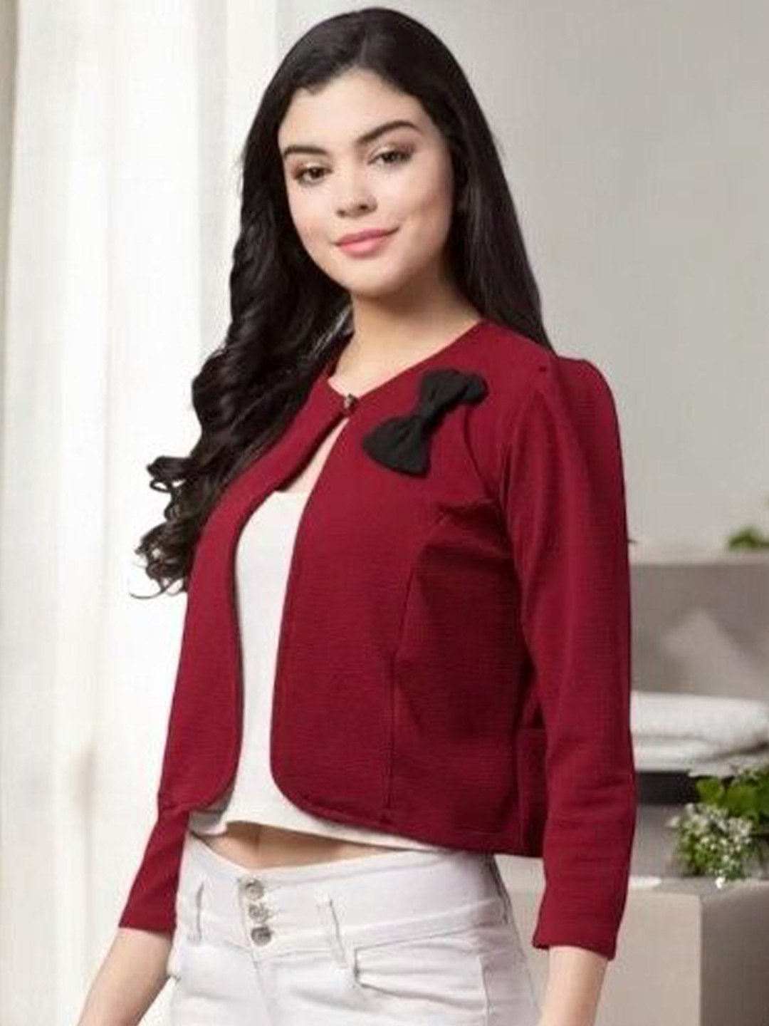 ZEUGEN Open Front Cropped Jacket Shrug With Bow Accent