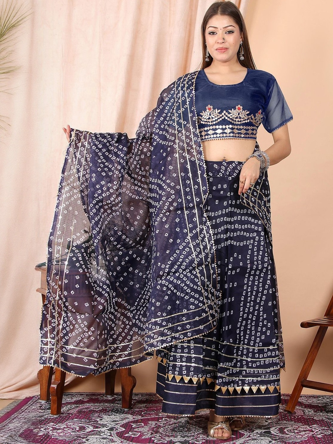 huuhambay Women Bandhani Print Ready to Wear Lehenga Choli And Dupatta Set
