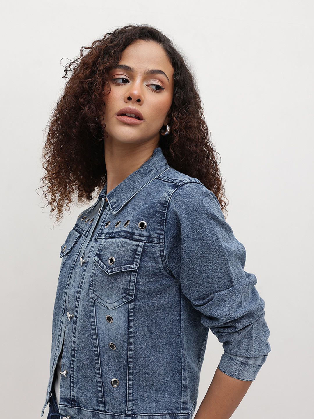The Roadster Life Co. Washed Effect Spread Collar Eyelets Studded Crop Denim Jacket