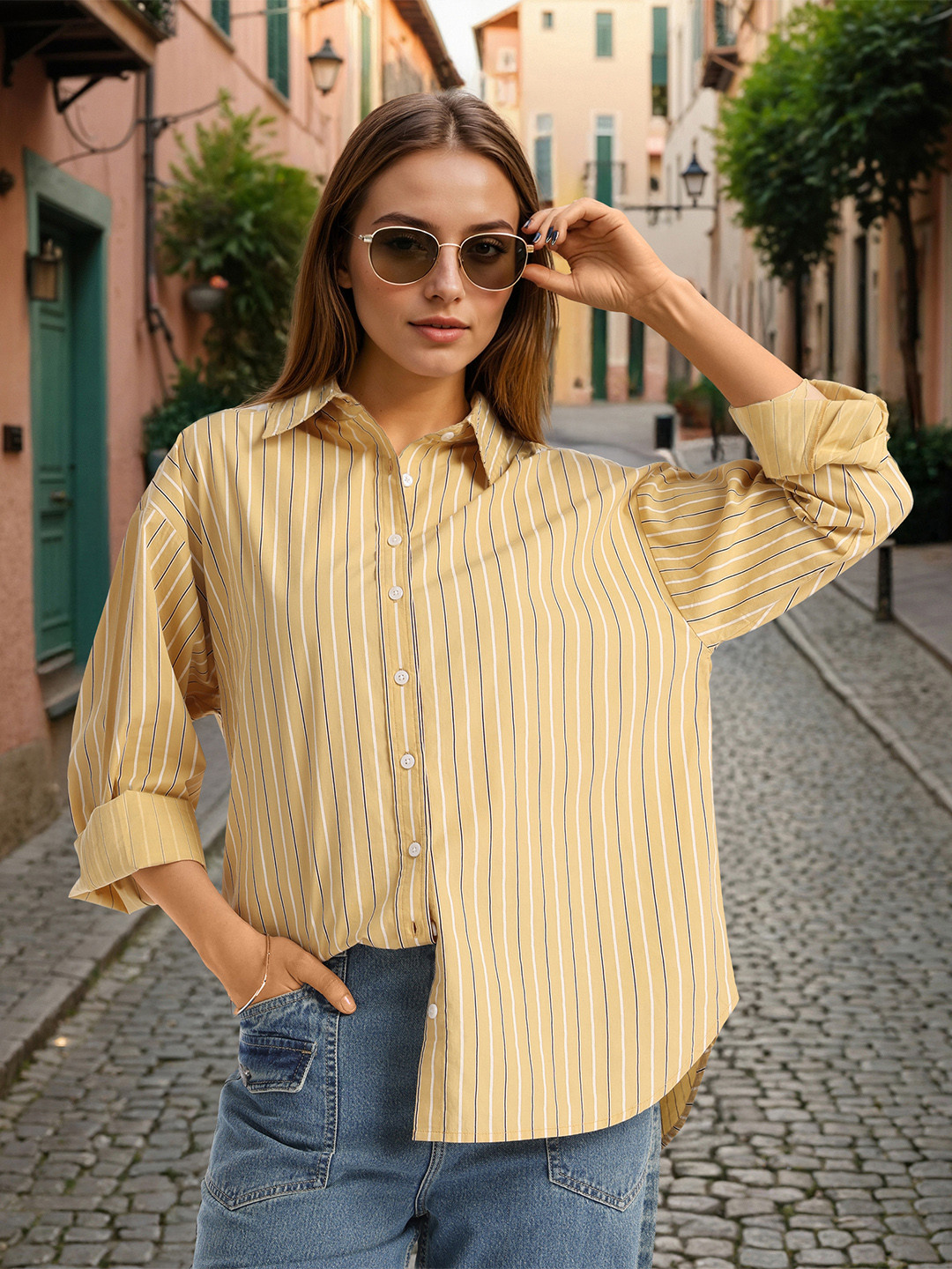 CHIC BY TOKYO TALKIES Vertical Stripes Spread Collar Cotton Oversized Casual Shirt