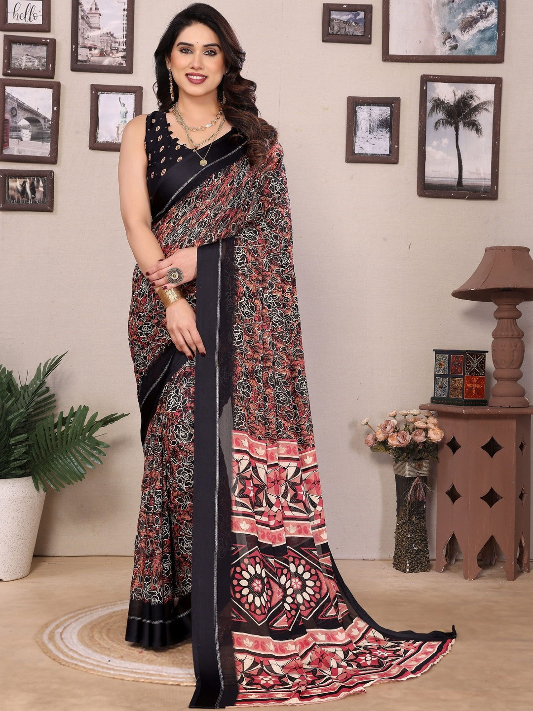 DIVASTRI Women Black Satin Floral Printed Saree With Zari work
