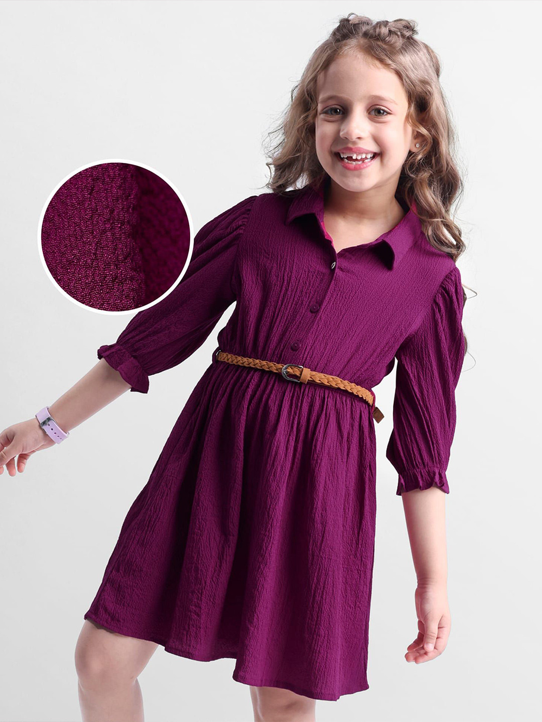 Hola Bonita Girls Full Puff Sleeve Fit & Flare Dress With Belt