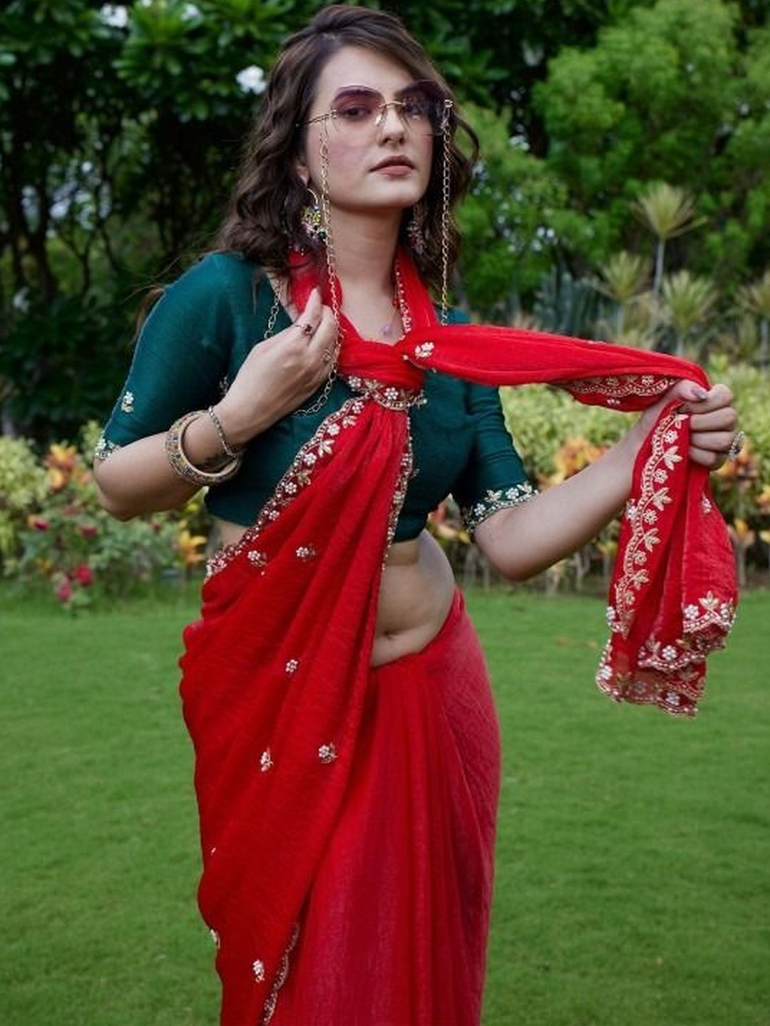 Elite Fashion Red Poly Chiffon Embellished Sarees