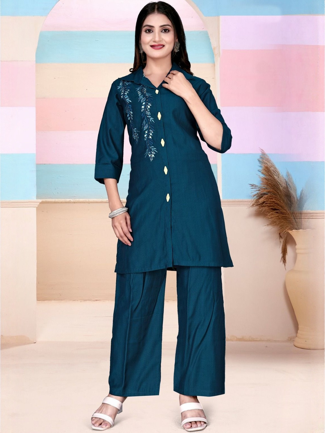 Fashion SAY Women Turquoise Blue Embroidered Mirror Work Pure Silk Co-Ord Set