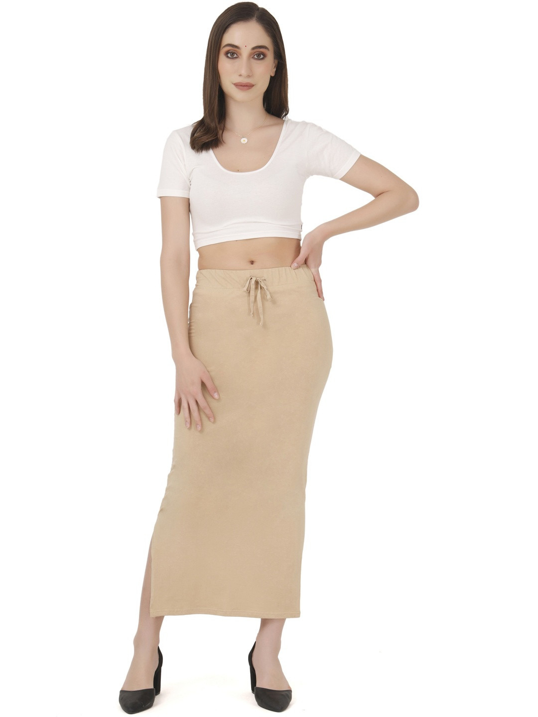 FEMULA Women Beige Regular Fit Cotton Elastane Shapewear Saree