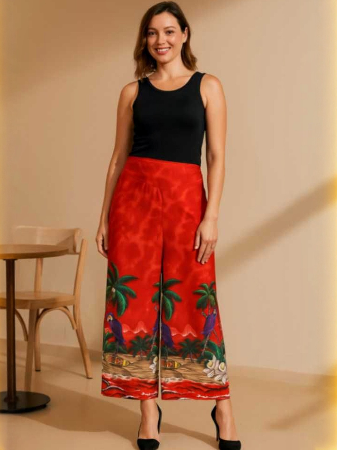 DressBerry Women Red Wide Leg Polyester Anti Fit Trousers