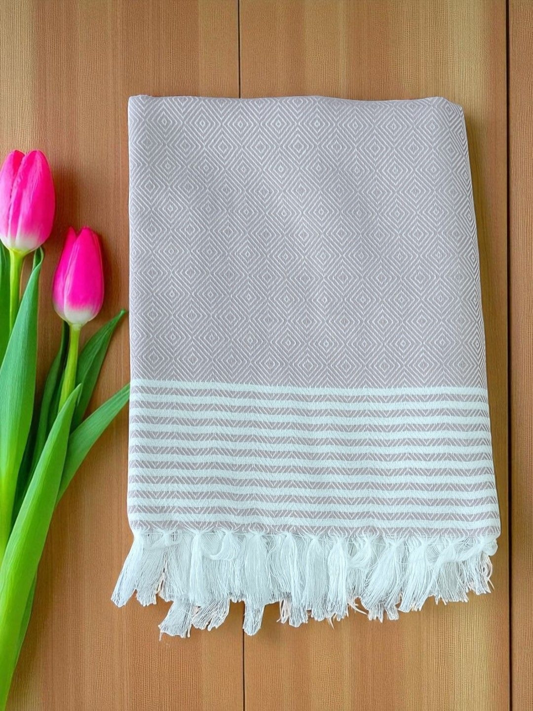 Kryptic Grey & Beige Geometric Printed 180 GSM Pure Cotton Bath Towel