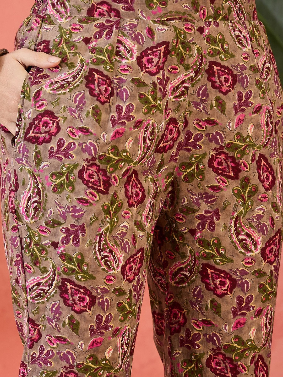 HERE&NOW Brown And Pink Paisley Printed Bell Sleeves Co-Ords