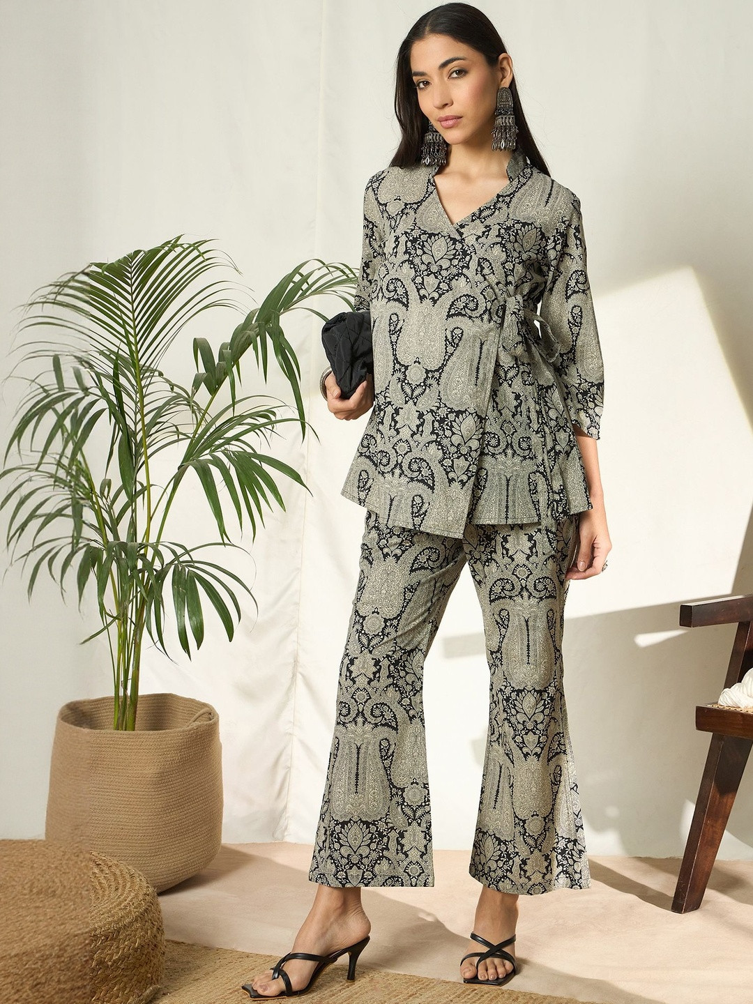 HERE&NOW Women Pure Cotton Printed Knot Style Co-Ords Set