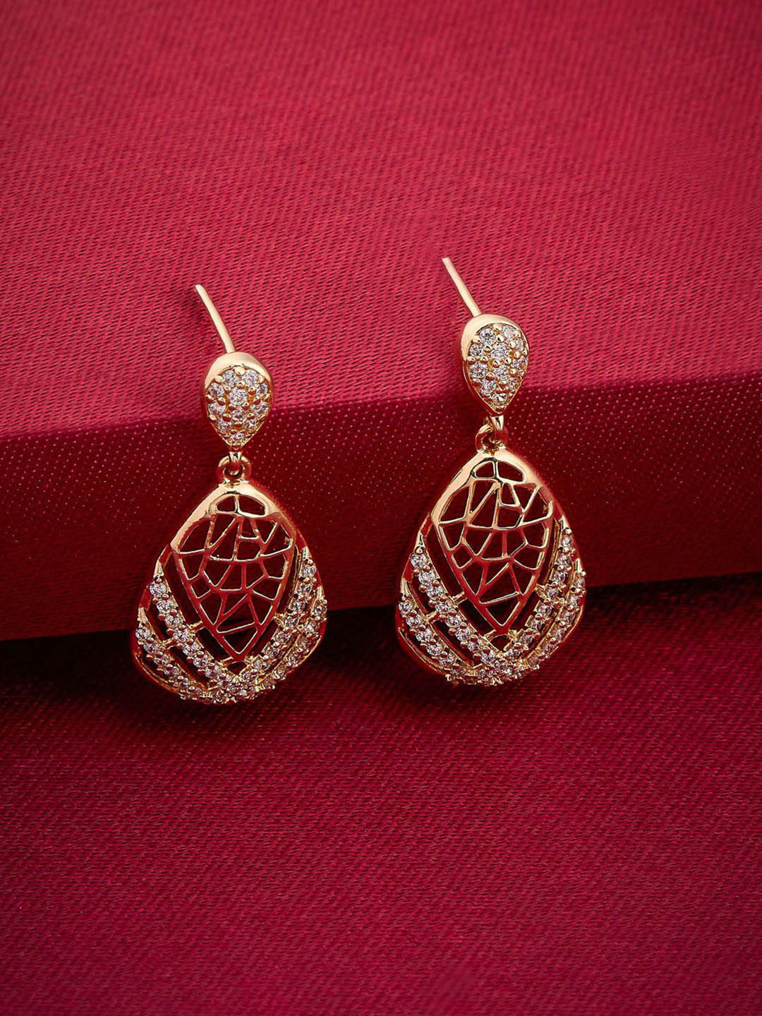 Kushal's Fashion Jewellery Gold-Plated Triangular Shaped Zircon Studded Drop Earrings
