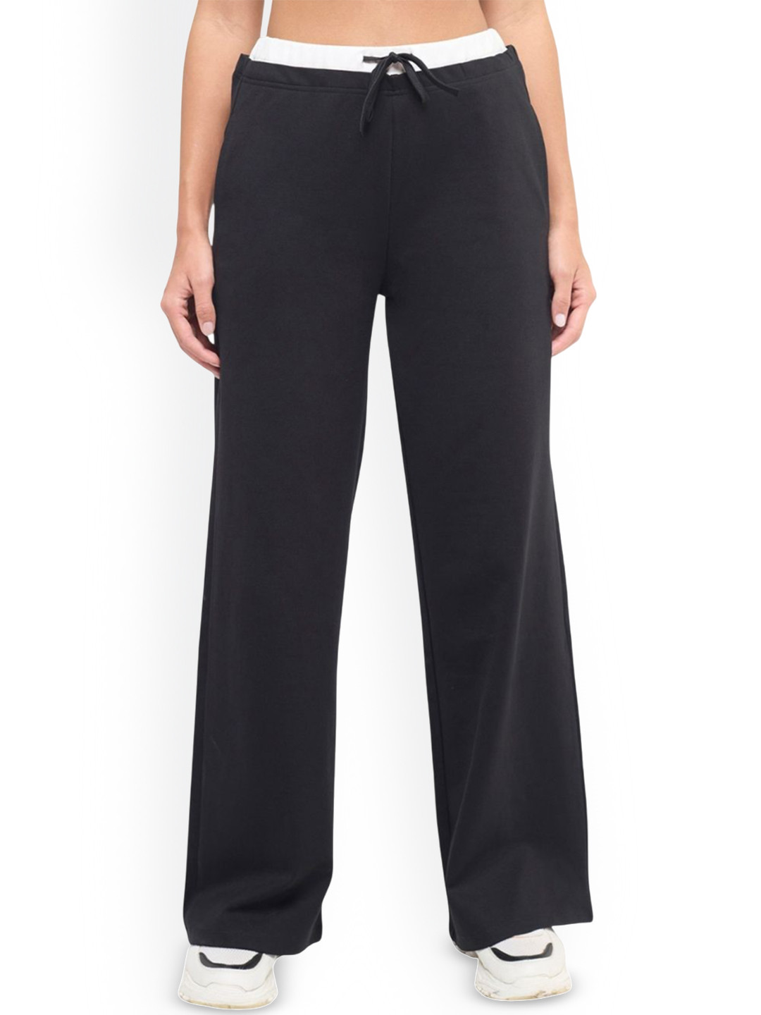 Hunnit Women High Waist Double Waistband Cotton Flared Straight Pant