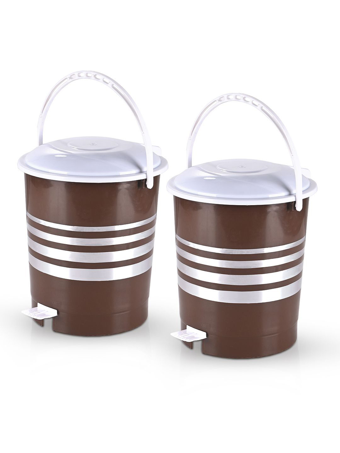 Kuber Industries Brown & White 2 Pieces Striped Pedal Kitchen Dustbin With Lid - 10 L